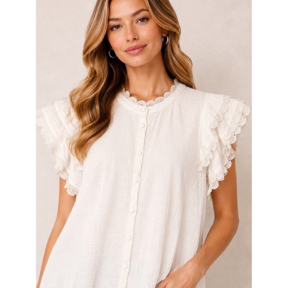 Calypso St Barth Top XL White Gauze Flutter Sleeve Coastal Beach Summer